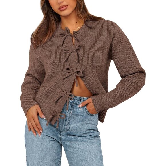 Sweaters - Women’s Bow Cardigan Sweater Cotton Blend Open Front Long Sleeve Small